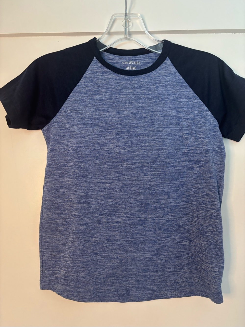 Crewcuts Blue Heather Raglan Tee with Black Sleeves size 6-7